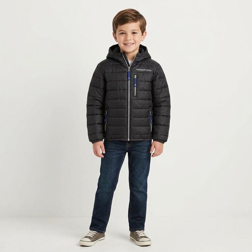 Vineyard Vines Boys Size 7 Black Hooded Lightweight Packable Puffer Jacket